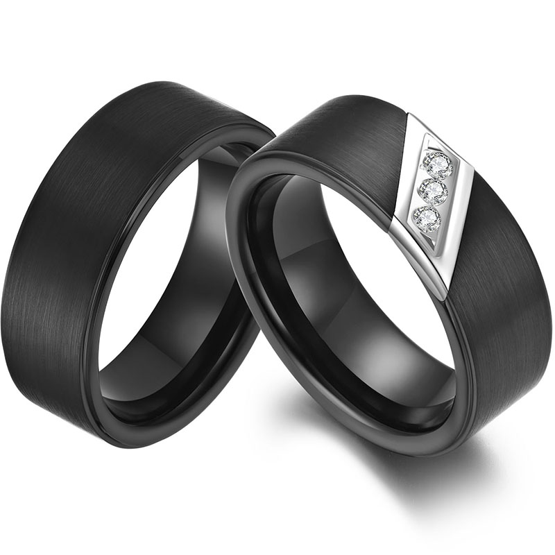 His and Hers Matching Tungsten Carbide Rings 8mm Tungsten Couple Rings Flat Brushed Black Tungsten Carbide Ring with White CZ Stones China Manufacturer