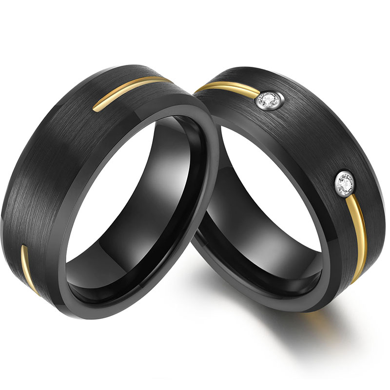 His and Hers Matching Tungsten Carbide Rings 8mm Tungsten Couple Rings Flat and beveled Edges Brushed Black Tungsten Carbide Ring with half circle of gold line with two white CZ stones China Manufacturer