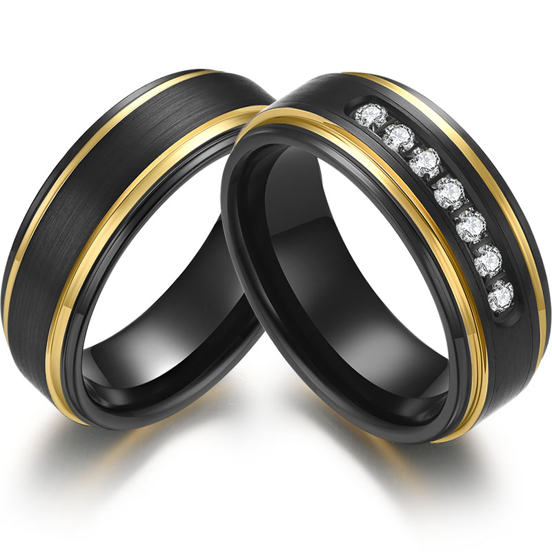 His and Hers Matching Tungsten Carbide Rings 8mm Tungsten Couple Rings Flat and Step Edges Black and Gold Tungsten Carbide Ring with 7 CZ Stones China Manufacturer