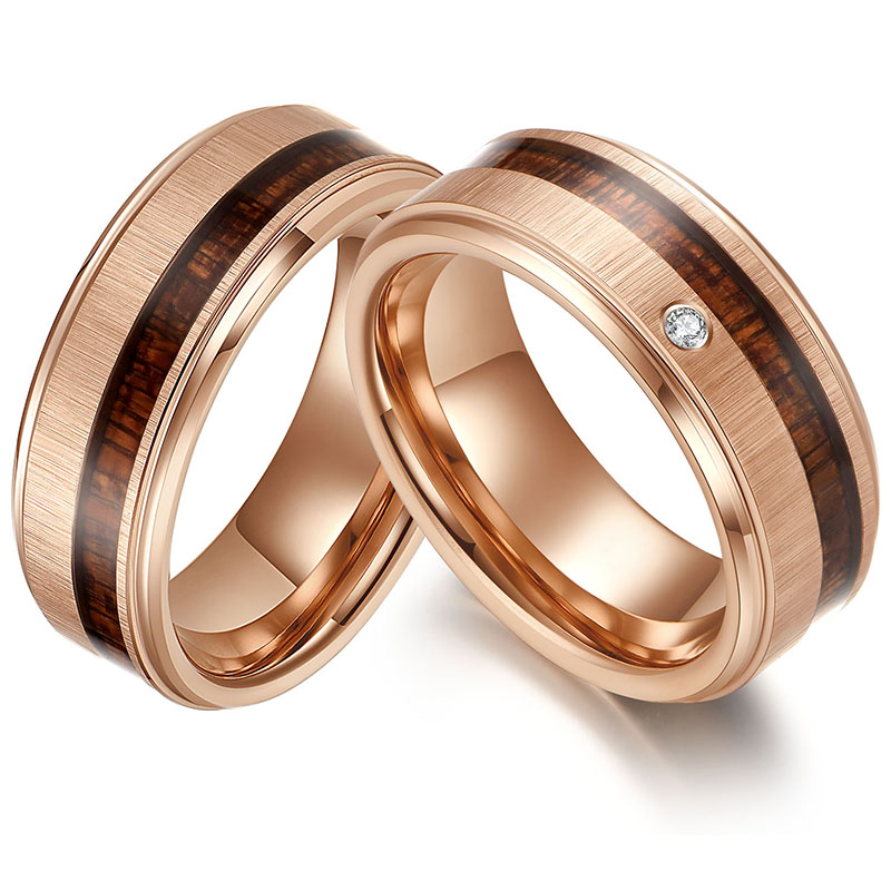 Passende Wolframcarbid-Ringe für Sie und Ihn 8 mm Rose Gold Kreuz gebürsteter Wolframcarbid-Ring mit Holz und weißem CZ-Stein China-Lieferant
