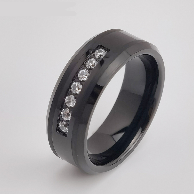 Tungsten Ring in Stock Popular 8mm Flat and Beveled Edges Brushed Black Tungsten Carbide Ring with 7 White CZ Stones China Factory