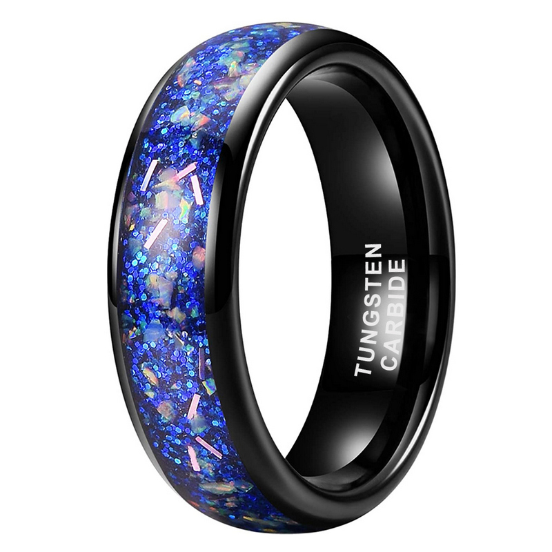 Chine Conceptions uniques modernes Bague en tungstène Galaxy de 8 mm Bandes de mariage en tungstène pour hommes polies Bandes de mariage en carbure de tungstène noir avec incrustation de grès bleu et d'opale Fabricants