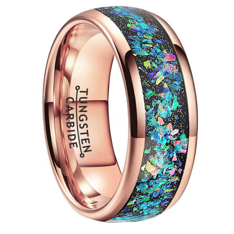 Conceptions uniques modernes Bague en tungstène Galaxy de 8 mm Bandes de mariage en tungstène pour hommes polies Bandes de mariage en carbure de tungstène en or rose avec incrustation de grès noir et d'opale Fabricants