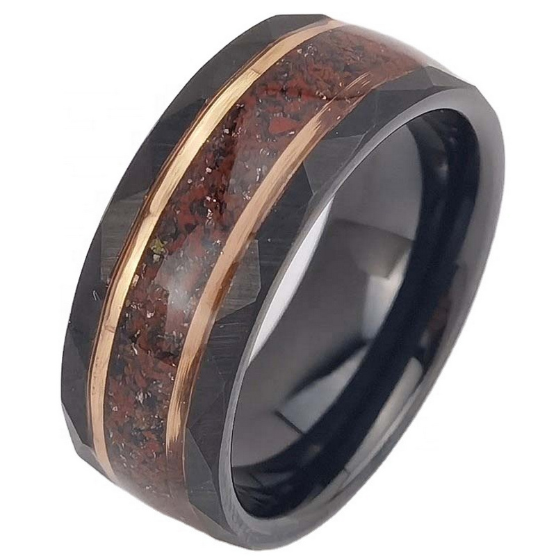 High Quality and Affordable Mens Wedding Bands 8mm Flat and Hammered Black and Rose Gold Tungsten Carbide Ring with Black Sandstone and Gemstone Malachite and Tiger's-eye Inlay China Manufacturer