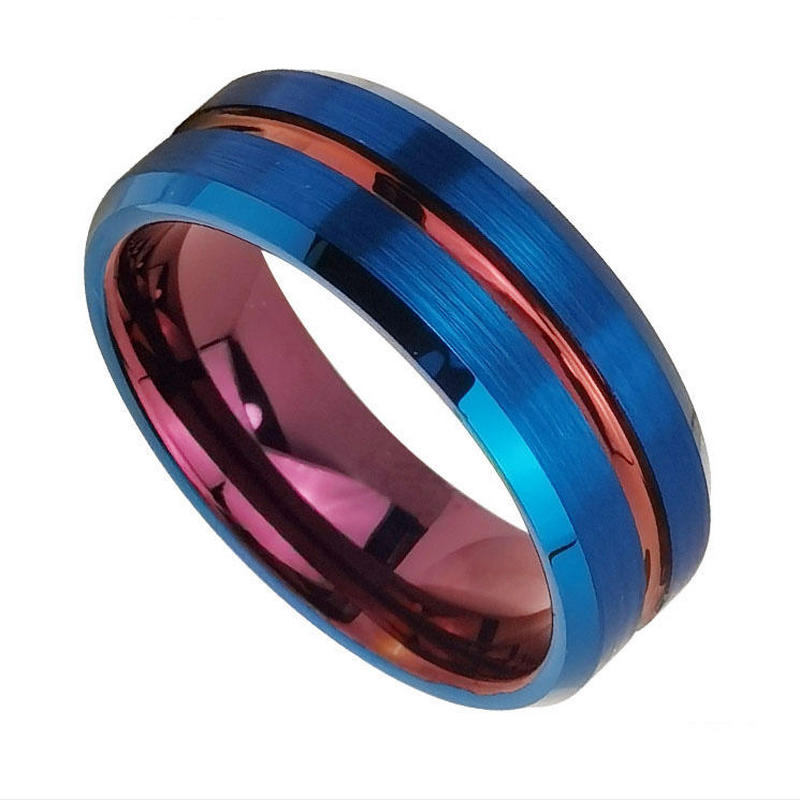 High Quality and Affordable Mens Wedding Bands 8mm Blue and Purple Flat and Beveled Edges Tungsten Carbide Ring China Manufacturer