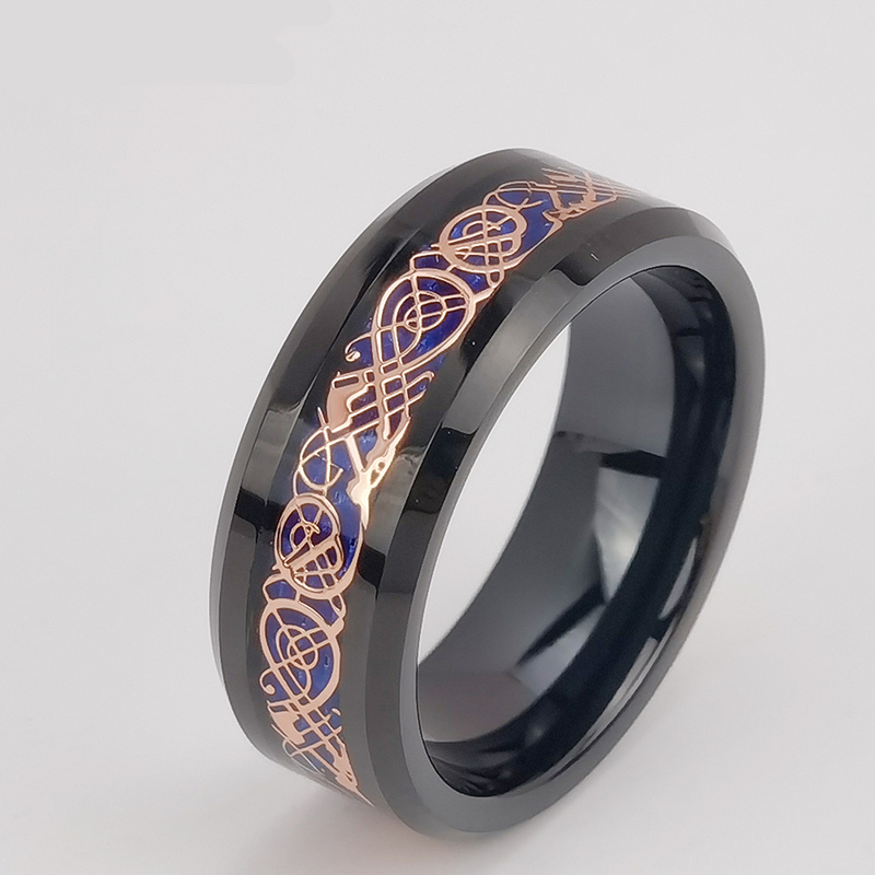 Tungsten Ring in Stock 8mm High polished Flat and Beveled Edges Black Tungsten Carbide Ring Inlay with Rose Gold Dragon and Blue Background China Manufacturer