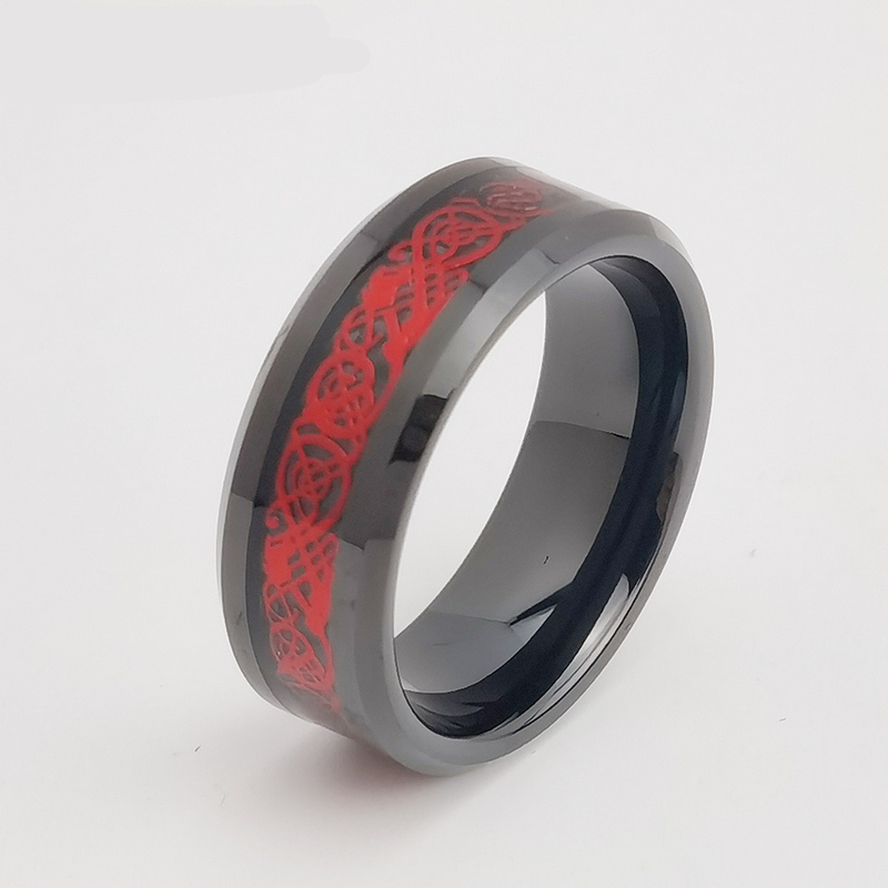 Tungsten Ring in Stock 8mm High polished Flat and Beveled Edges Black Tungsten Carbide Ring Inlay with Red Dragon and Black Background China Manufacturer