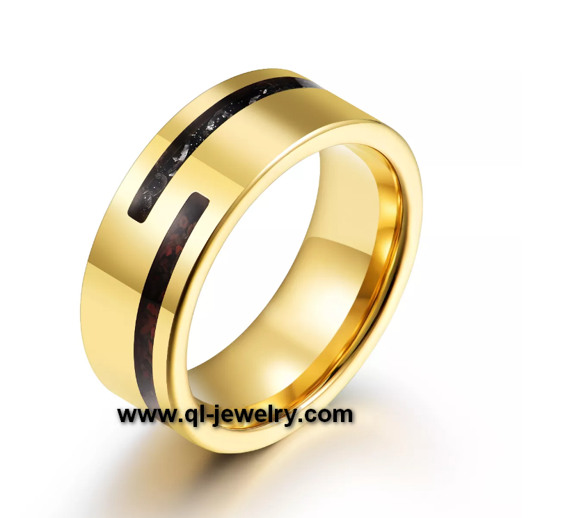 Chine Bague de mariage en carbure de tungstène garantie à vie Bague plate en carbure de tungstène doré de 8 mm avec incrustation d'imitation de météorite et d'os de dinosaure écrasé Fabricants