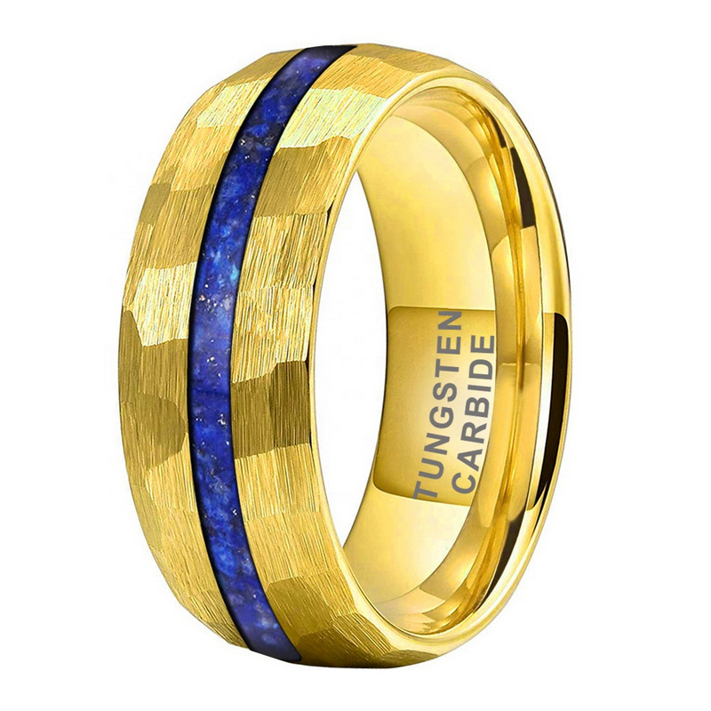 Unique And Affordable Tungsten Weddings Bands 8mm Domed and Hammered Gold Tungsten Carbide Ring with Crushed Lapis inlay China Manufacturer