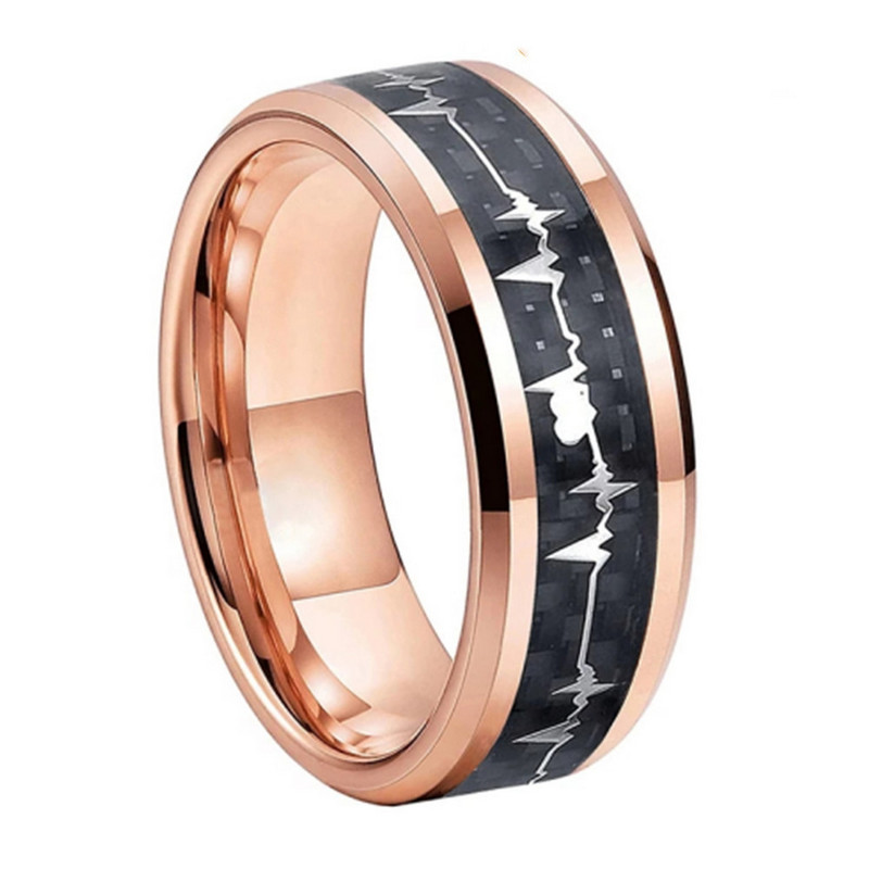 Chine Bandes de mariage pour hommes de haute qualité et abordables 8mm bords plats et biseautés Bague en tungstène en or rose avec fibre de carbone noire et incrustation de battement de coeur Fabricants