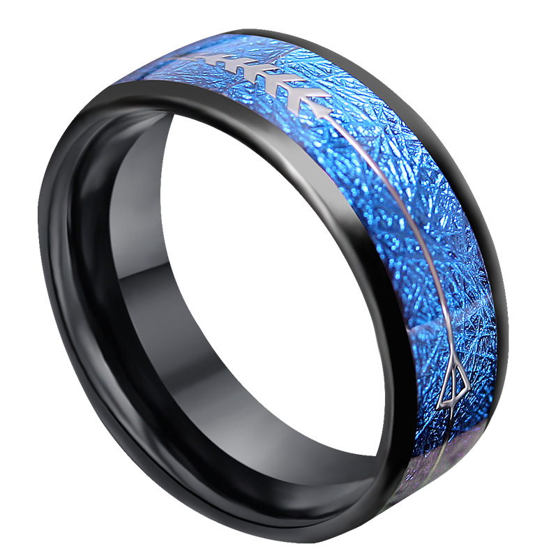 Chine Alliances de mariage pour hommes de luxe et au design unique Bague en carbure de tungstène noir de 8 mm avec incrustation de météorite et de flèche bleues Fabricants