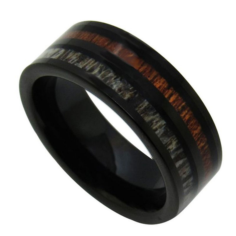 Chine Anneau de tungstène en stock Anneau en carbure de tungstène noir plat poli de 8 mm avec incrustation de bois et de bois de cerf et d'acajou Fabricants