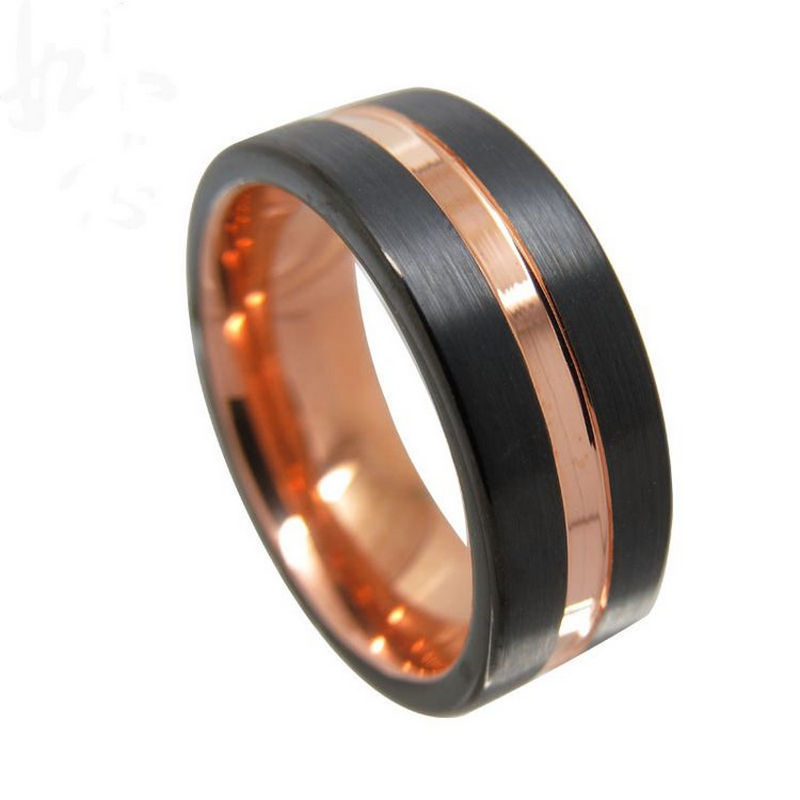 Chine Bague en tungstène en stock Bandes de mariage en tungstène à deux tons de haute qualité et abordables Bague en carbure de tungstène noir brossé avec canal en or rose Fabricants