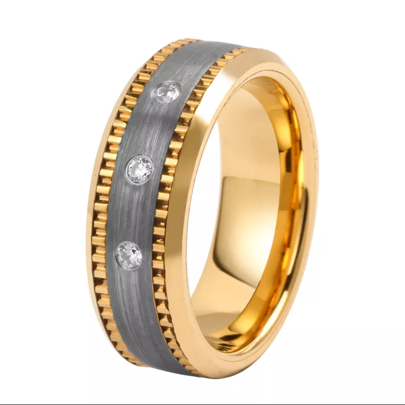 Anello in carburo di tungsteno unico e conveniente con pietre CZ Fedi nuziali in tungsteno da 8 mm Centro ingranaggi in acciaio inossidabile TInlay con pietre CZ Fornitore della Cina