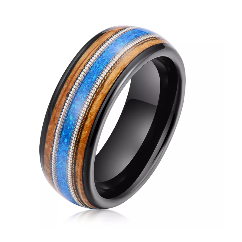 Cina Fasce nuziali in tungsteno nero di alta qualità e convenienti intarsiate con legno di botte di whisky e opale blu e corde per chitarra Produttori cinesi