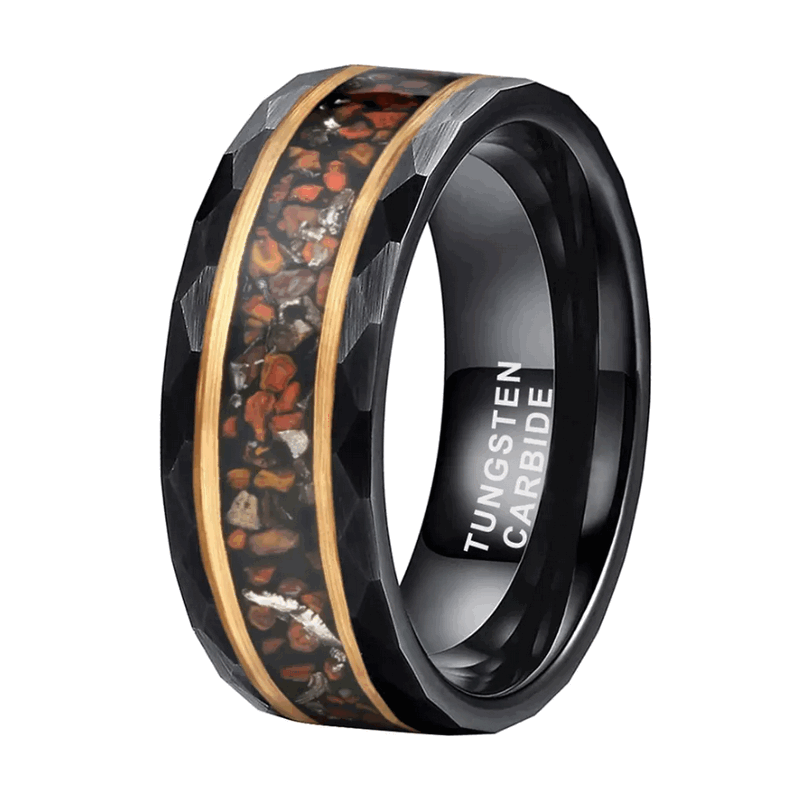 Chine QL Jewelry Bandes de mariage en tungstène martelé noir et or rose de haute qualité incrustées de copeaux d'os de dinosaure Fabricants