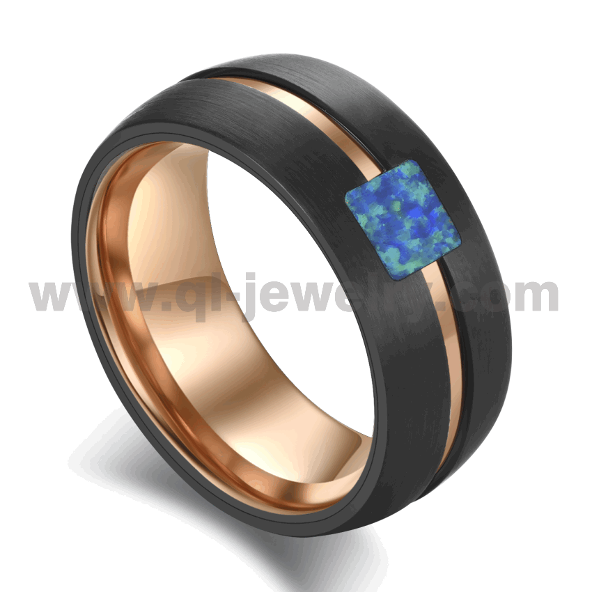 Fedi nuziali da uomo di design più recente Anello in carburo di tungsteno bicolore a cupola Anello in tungsteno nero e oro rosa con intarsio in opale di canale Fornitore della Cina