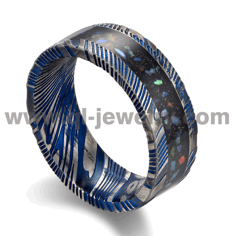 The Galaxy and Space Design Blue Damaskus Steel Wedding Bands Flat Blue Damaskus Steel Ring with Opal and Black Sandstone Inlay China Factory