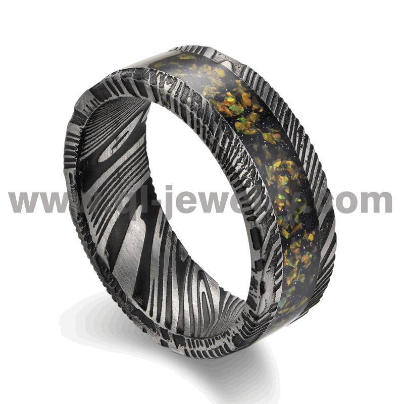 Newest Design Black Damascus Steel Wedding Bands 8MM Flat Black Damascus Steel Ring with Yellow Opal and Black Sandstone Inlay China Manufacturer