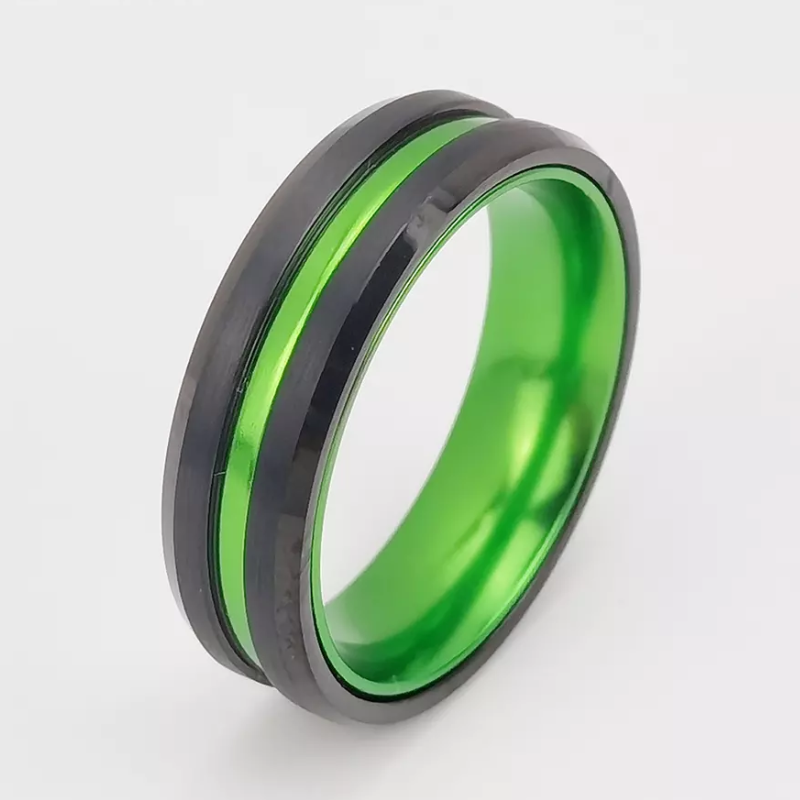 Tungsten Ring in Stock Popular 6mm High polished and Brushed Flat and Beveled Edges Black Tungsten Carbide And Green Aluminum Ring China Manufacturer