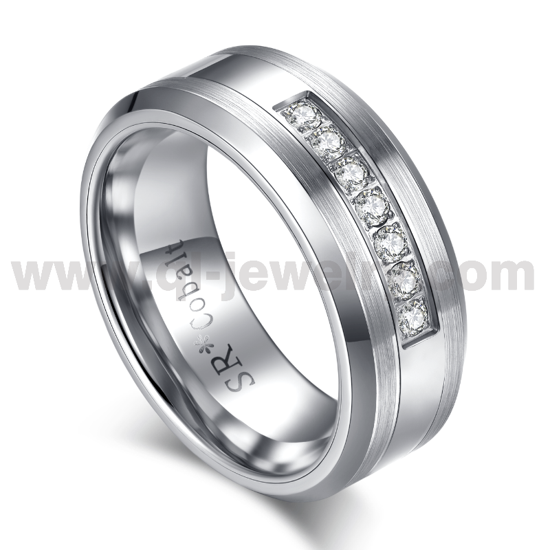 2023 Newest Style Cobalt Wedding Rings 8mm Flat and Beveled Edges Design Comfort Fit Cobalt Ring with 7 CZ Stones China Manufacturer