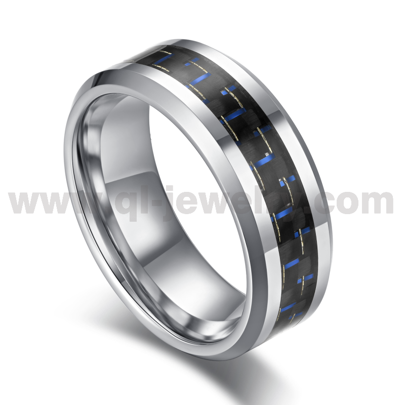 Chine 2023 Anneaux de mariage en cobalt de style le plus récent 8mm Bague en cobalt à bords plats et biseautés pour hommes avec incrustation en fibre de carbone noire et bleue Fabricants