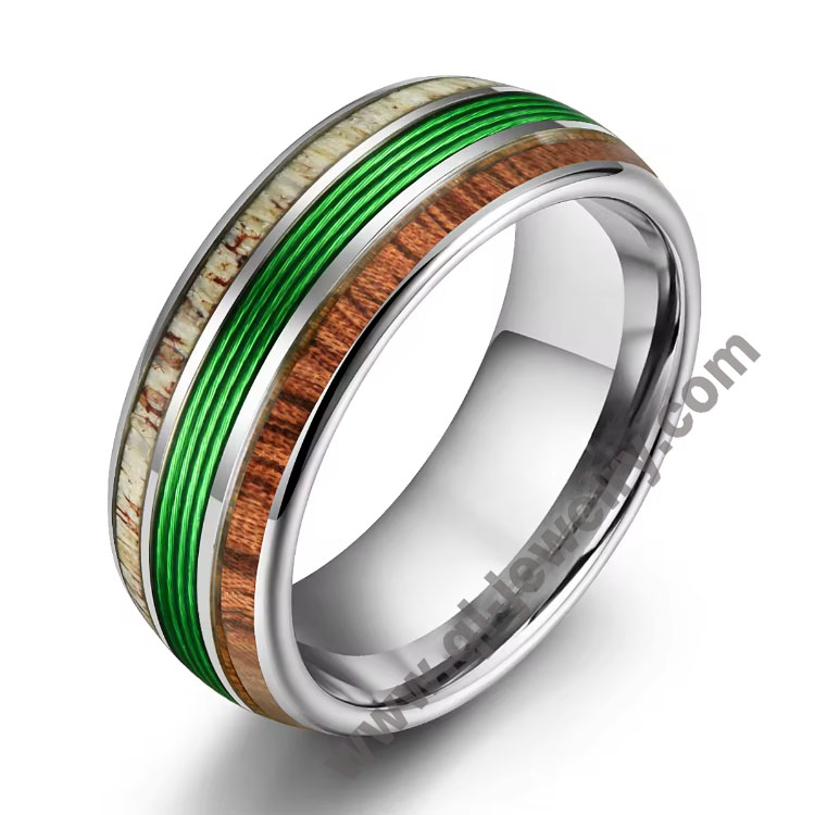 Anello da pesca verde di alta qualità e moda conveniente con corna di alce e anello vuoto in carburo di tungsteno di legno Makore per uomo