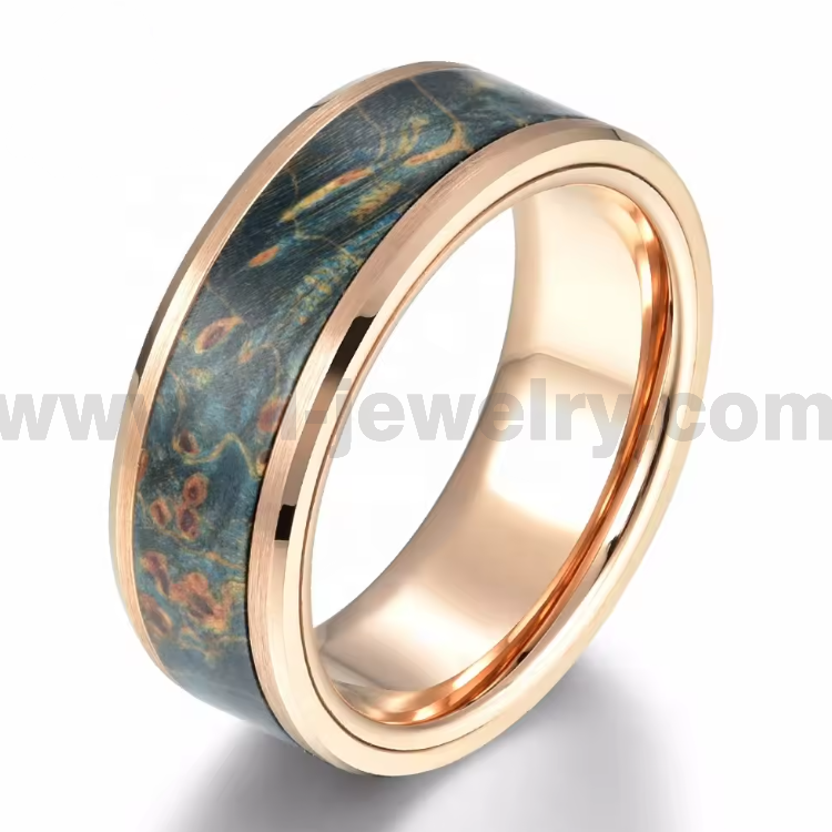 QL Anelli all'ingrosso di gioielli Fede nuziale in tungsteno in oro rosa con anello in legno stabilizzato verde
