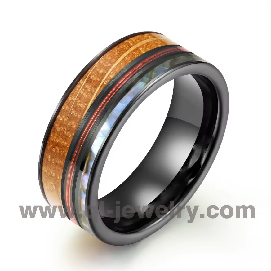 Cina Alta qualità e moda conveniente Nuovo design Lenza rossa e cinturino in tungsteno con inserto in abalone per uomo Anello in legno con botte di whisky Produttori