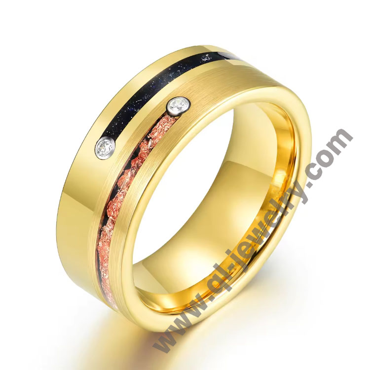 Cina Anelli di fidanzamento con cz in lamina d'oro in arenaria blu di alta qualità Anello da uomo con fascia nuziale placcato oro 18 carati in tungsteno spazzolato Produttori