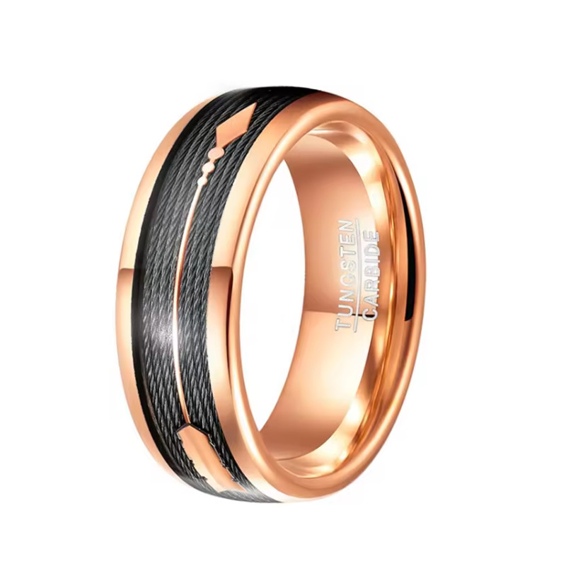 Anello in carburo di tungsteno da uomo in oro rosa bombato all'ingrosso con lenza nera e fornitore cinese di frecce in oro rosa