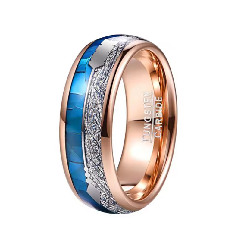 Anillo de bodas para hombres nuevos de moda Anillo de carburo de tungsteno de oro rosa abovedado con meteorito de imitación de plata y flecha y incrustaciones de concha azul Proveedor de China