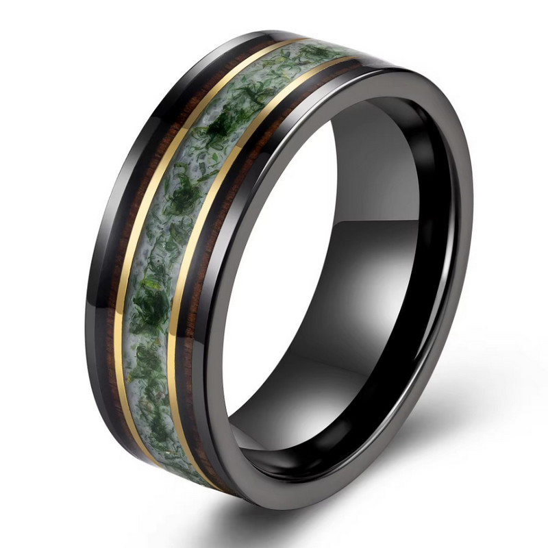 Cina Fede nuziale da uomo in tungsteno placcato nero con agata verde muschio e intarsio in legno dal design più nuovo, lucidata, da 8 mm, Produttori