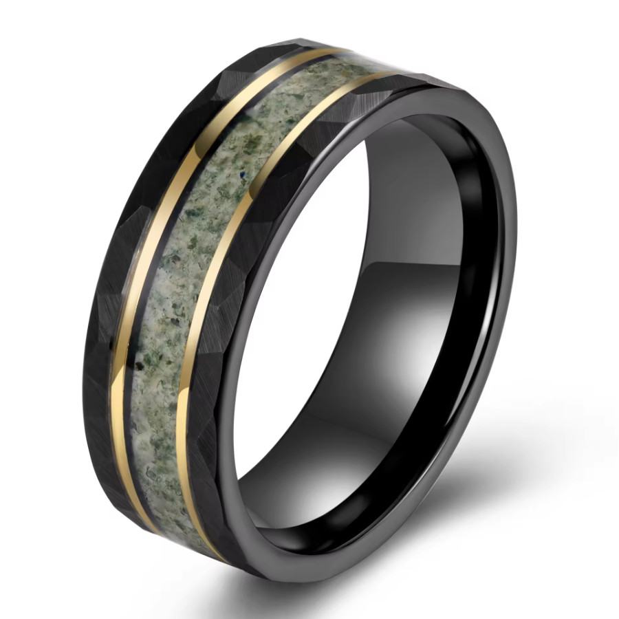 Cina Fede nuziale in tungsteno placcato oro e nero con intarsio in agata muschiosa da 8 mm, dal design più nuovo, lucidato e martellato, per uomo Produttori