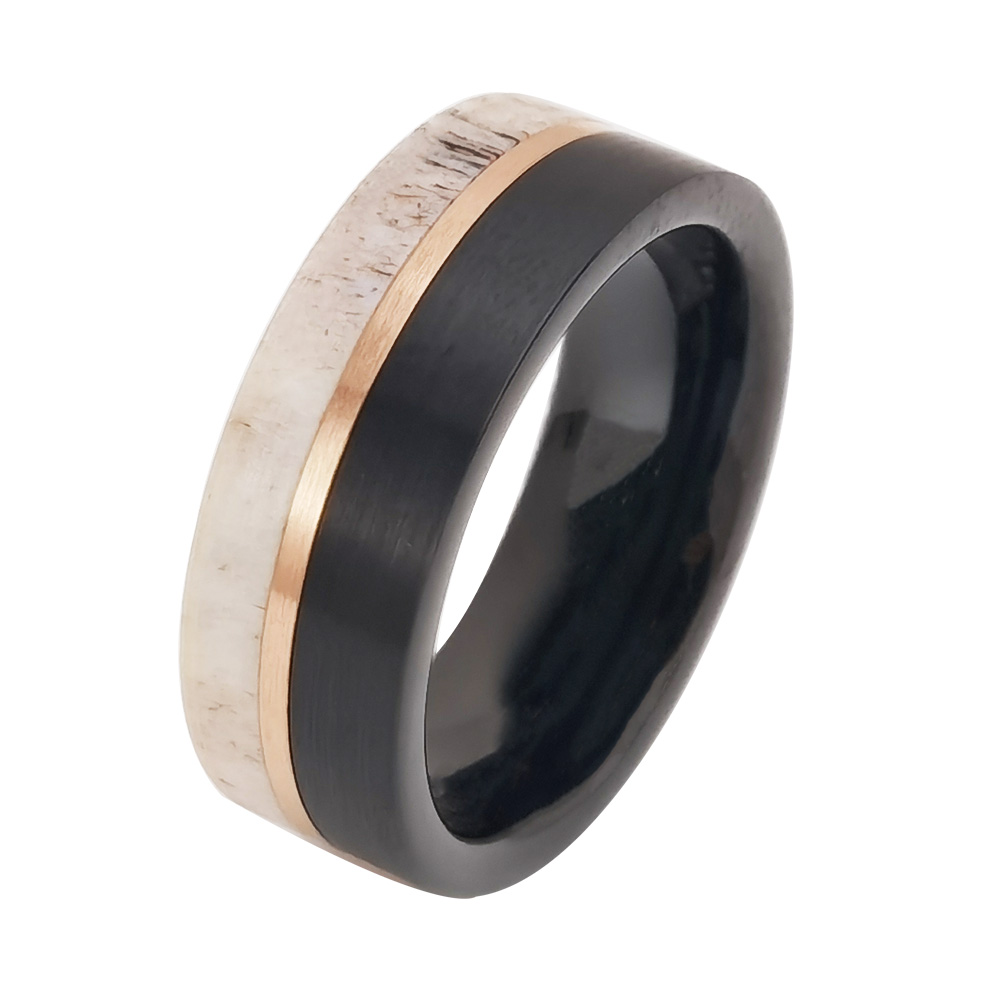 Un montón de alianzas de boda de tungsteno en stock con incrustaciones de ciervo y asta, anillo de carburo de tungsteno negro y oro rosa, proveedor de China