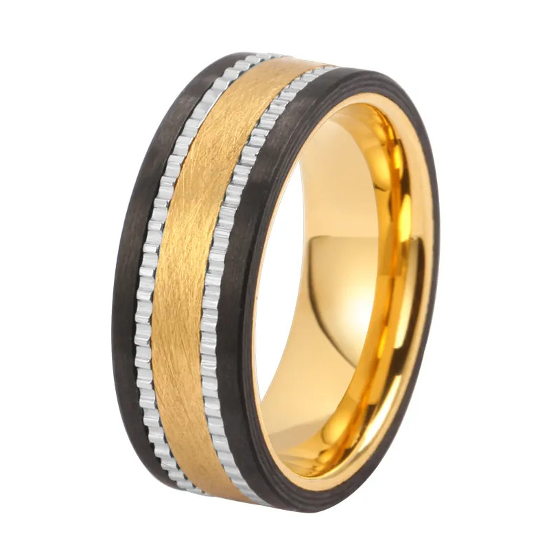 China Anillo de bodas combinado de fibra de carbono negra para hombre y carburo de tungsteno chapado en oro con dos rayas escalonadas acanaladas Fabricantes