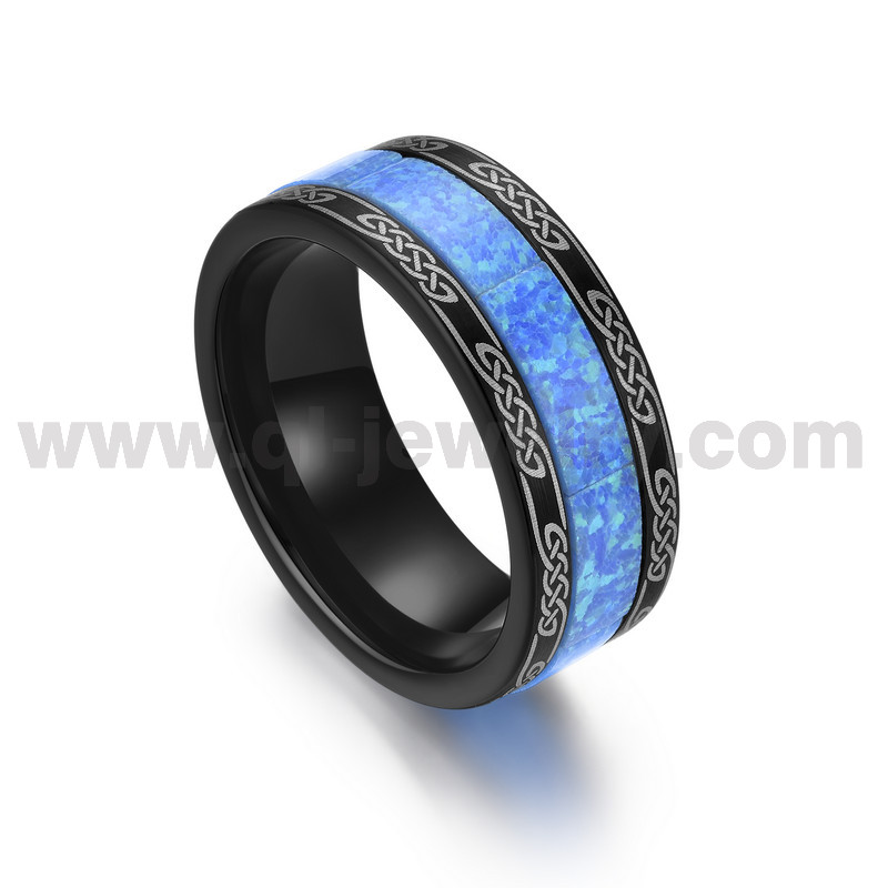 Cina Fedi nuziali da uomo dal design più recente Anello in carburo di tungsteno con nodo celtico nero da 10 mm con inserto in opale blu Produttori cinesi