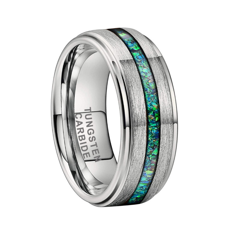 Alianzas de boda para hombres de diseño más nuevo Anillo de carburo de tungsteno cepillado con bordes planos y escalonados de 8 mm con incrustaciones de ópalo verde Fábrica de China