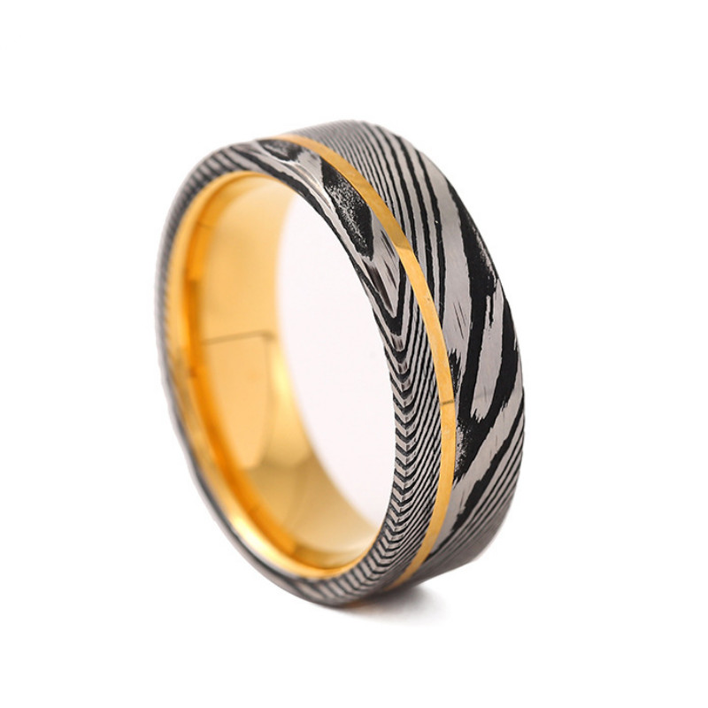 Heißer Verkauf 8 mm Ehering aus goldenem Wolfram und schwarz-silbernem Damaststahl mit einem goldenen Streifen an der Seite für Männer aus China