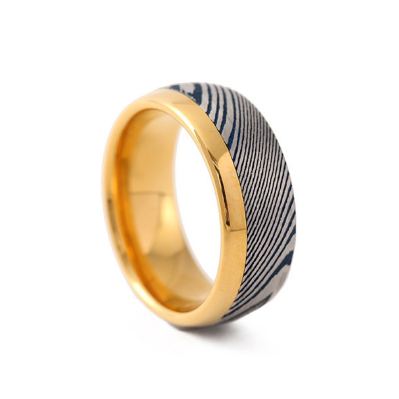 Heißer Verkauf 8 mm gewölbter goldener Wolfram- und blau-silberner Damaskus-Stahl-Ehering für Männer, China-Lieferant