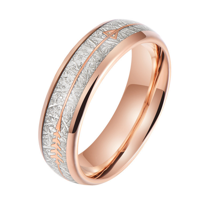 Cina Fedi nuziali da uomo all'ingrosso Anello in carburo di tungsteno in oro rosa da 6 mm con imitazione di meteorite e intarsio di freccia Produttori