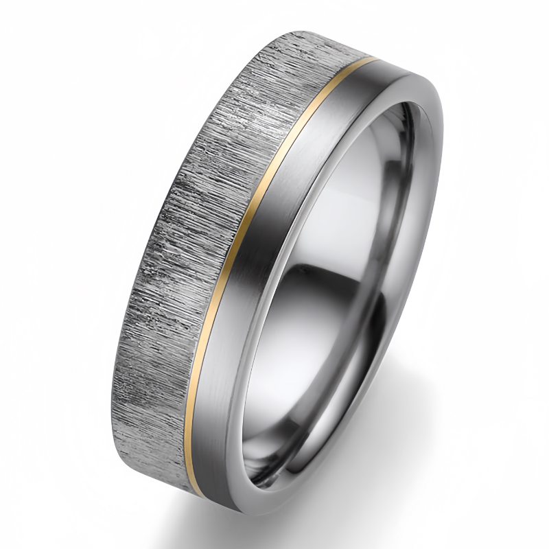 Anneaux de couple en tantale pur en métal rare Anneau de tantale pur effet bois poli et brossé de 6 mm avec incrustation de ligne d'or Chine Fabricant