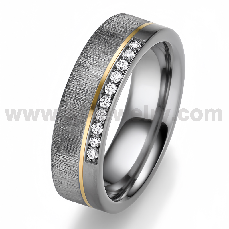Anneaux de couple en tantale pur en métal rare Bague en tantale pur effet bois poli et brossé de 6 mm avec incrustation de ligne en or et sertie de diamants Chine Fournisseur