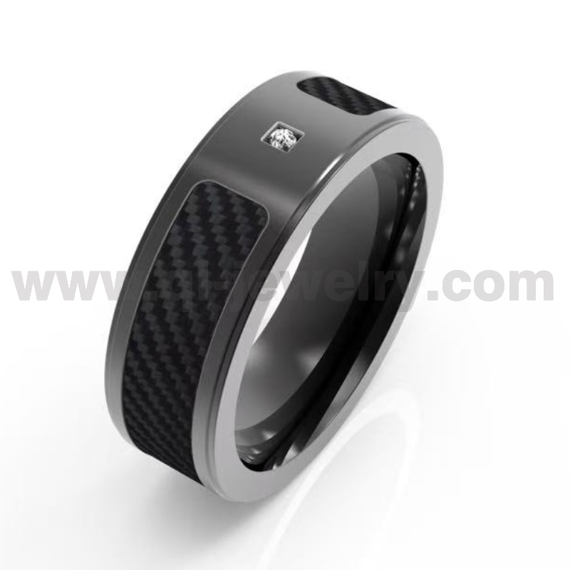 8mm Flat Black Titanium Ring with Black Carbon Fiber and 1CZ Stone China Factory