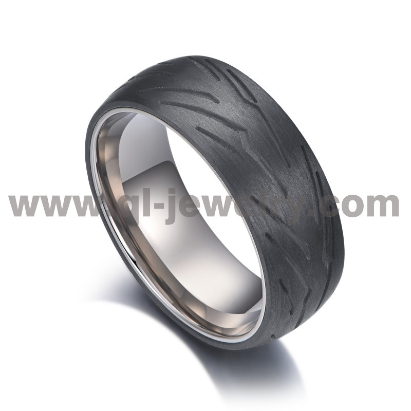 Schlichter und einzigartiger, massiver, geschmiedeter 8-mm-Ring mit graviertem Reifenmuster aus schwarzer Kohlefaser und Titan-Ring, schwarze Reifen-Eheringe