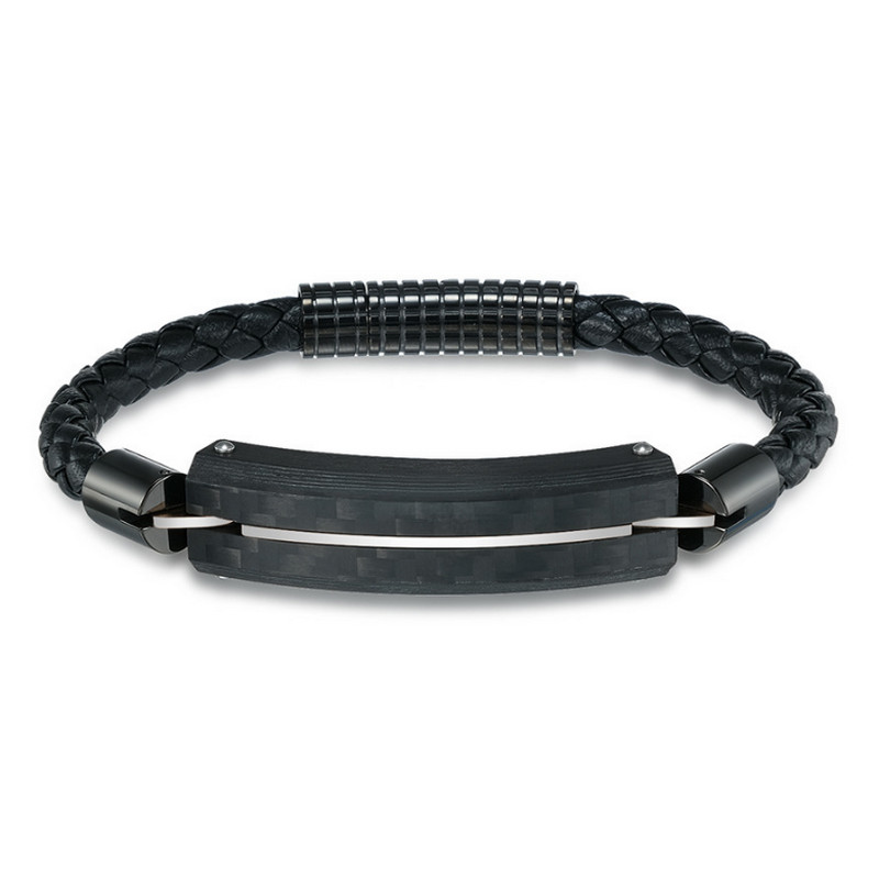 En stock Pulsera de cuero para hombre de acero inoxidable y fibra de carbono negra Pulsera de identificación plateada de fibra de carbono negra para hombre Fabricante de China