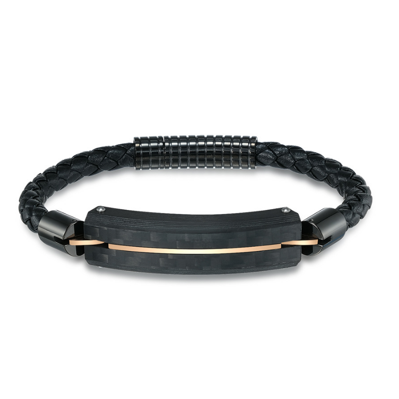 En stock Pulsera de cuero para hombres de acero inoxidable y fibra de carbono negra Pulsera de identificación de oro rosa y fibra de carbono negra para hombres Fabricante de China