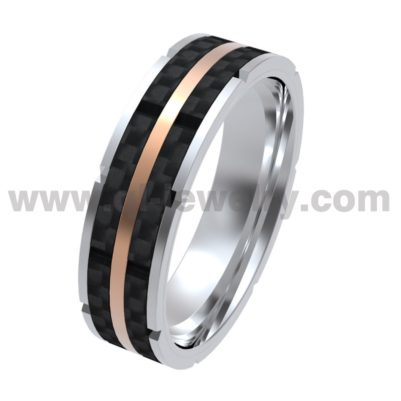 Light Weight Forged Carbon Fiber Ring 8mm Stylish Titanium Ring with Carbon Fiber and Rose - Gold Accent China Manufacturer
