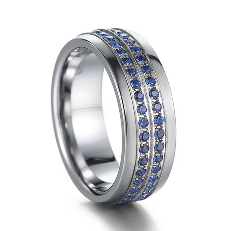 Diseñador Anillo de carburo de tungsteno de alta calidad con piedras azules CZ 8 mm Bodas de boda de tungsteno únicas Proveedor de porcelana