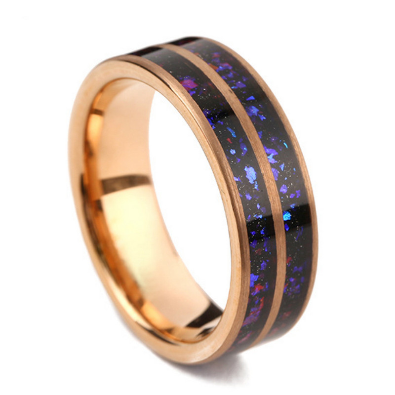 Großhandel 8 mm doppelte Band mit Black Goldstone & Opal Inlay | Roségold Elektroplattiert & mattes Sandstrahlungs -Tungsten -Ehering China Hersteller